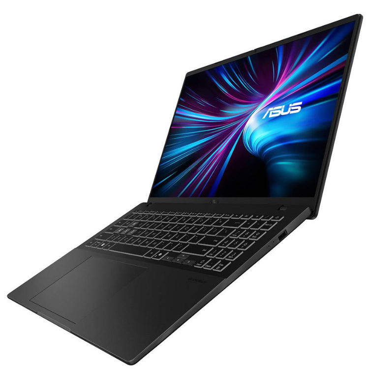 Black Asus gaming laptop, 16-inch screen, colorful background.