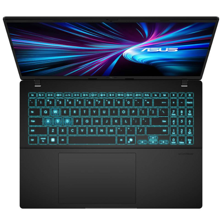 Black Asus gaming laptop, 16" screen, blue backlit keyboard.