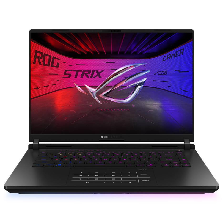 Asus ROG Strix SCAR 16 gaming laptop, black, 16" display, ROG Strix logo on screen.