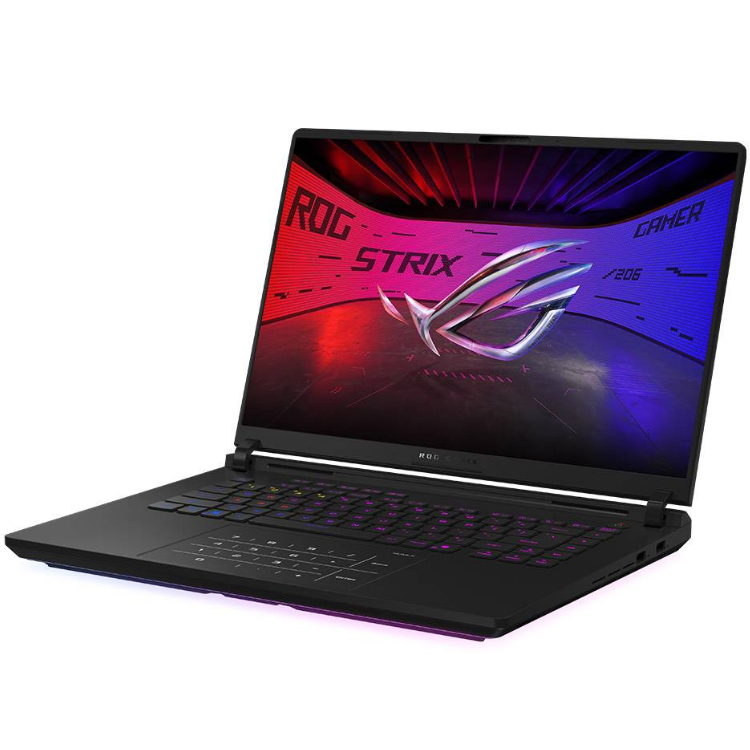 Asus ROG Strix SCAR 16 gaming laptop, black, 16" display, colorful keyboard backlight.