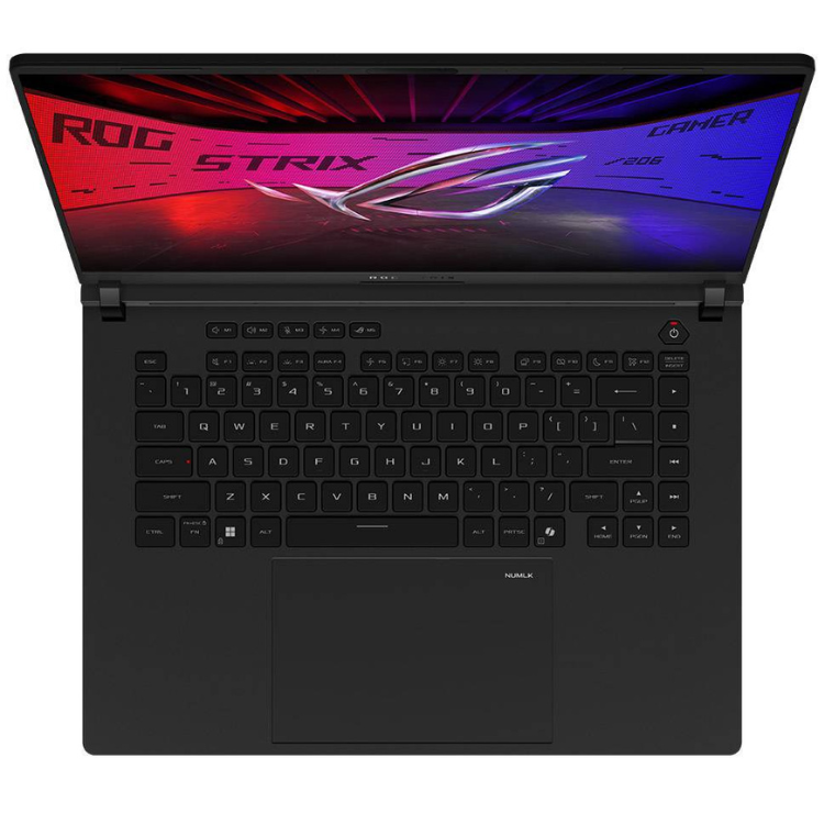 Asus ROG Strix SCAR 16 gaming laptop, black, 16" display with ROG logo and colorful background.