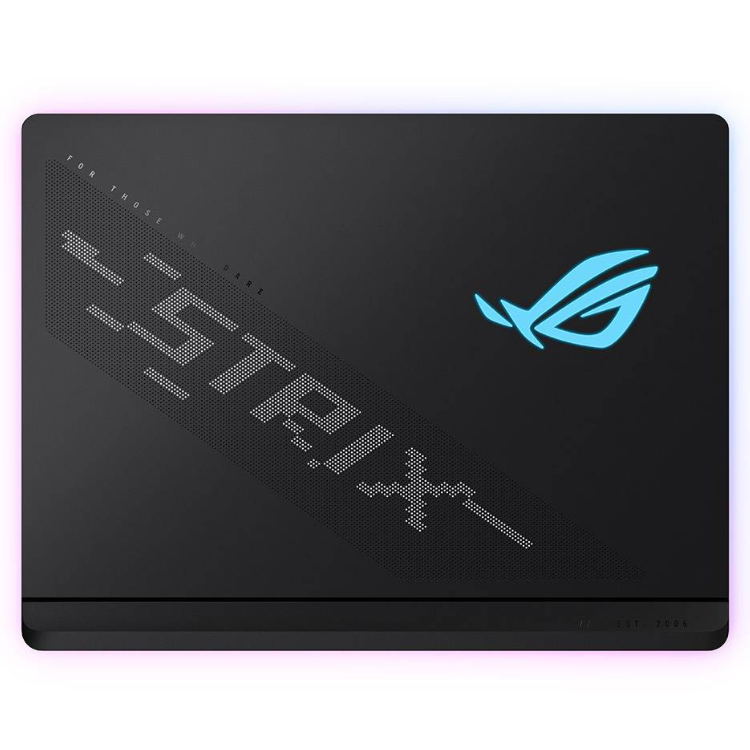 Asus ROG Strix SCAR 16 laptop, black, with blue logo and grey text.
