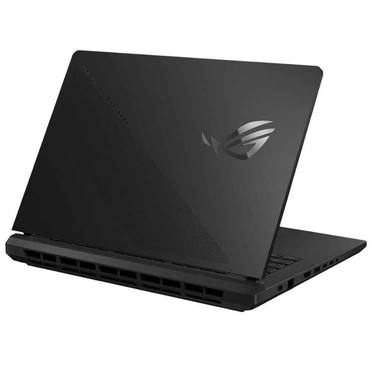 Asus ROG Strix SCAR 16 laptop, black, with silver logo, open on white background.