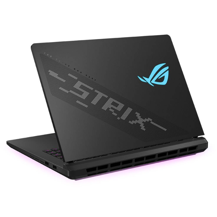 Black Asus ROG Strix gaming laptop, 16" screen, blue logo, purple keyboard backlight.