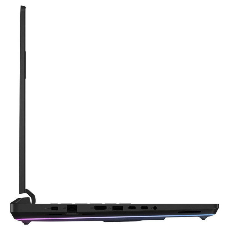 Asus ROG Strix SCAR 16 laptop side view, black, with colorful LED light strip along bottom edge.