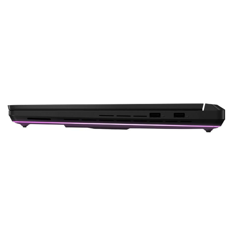 Asus ROG Strix SCAR 16 laptop side view, black with purple accent, various ports.