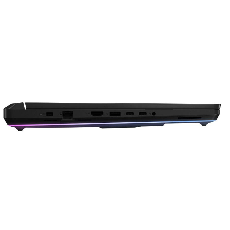 Asus ROG Strix SCAR 16 laptop side view, black, with purple and blue light strip.