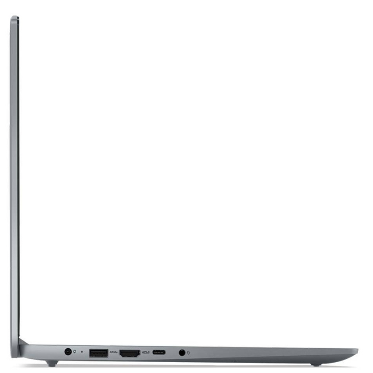 Lenovo IdeaPad Slim 3 laptop, gray, side view, ports visible.