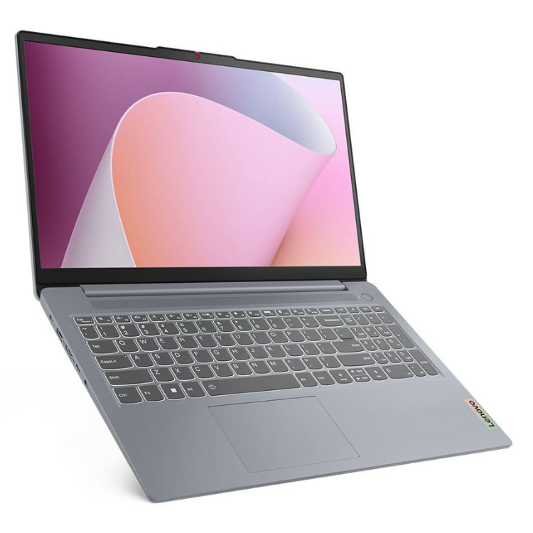 Lenovo IdeaPad Slim 3 laptop, gray, 15.6" screen, open on colorful background.