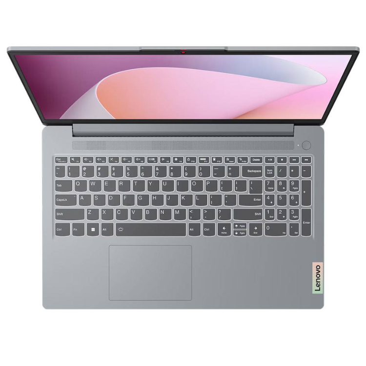 Lenovo IdeaPad Slim 3 laptop, gray, open with pink screen, keyboard visible.