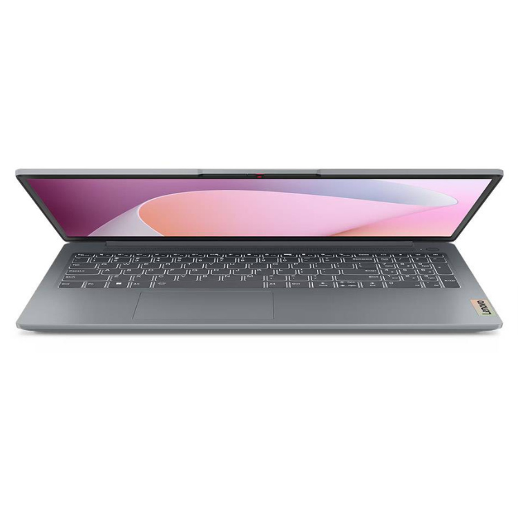 Lenovo IdeaPad Slim 3 laptop, gray, open, 15.6" screen with pink and purple background.