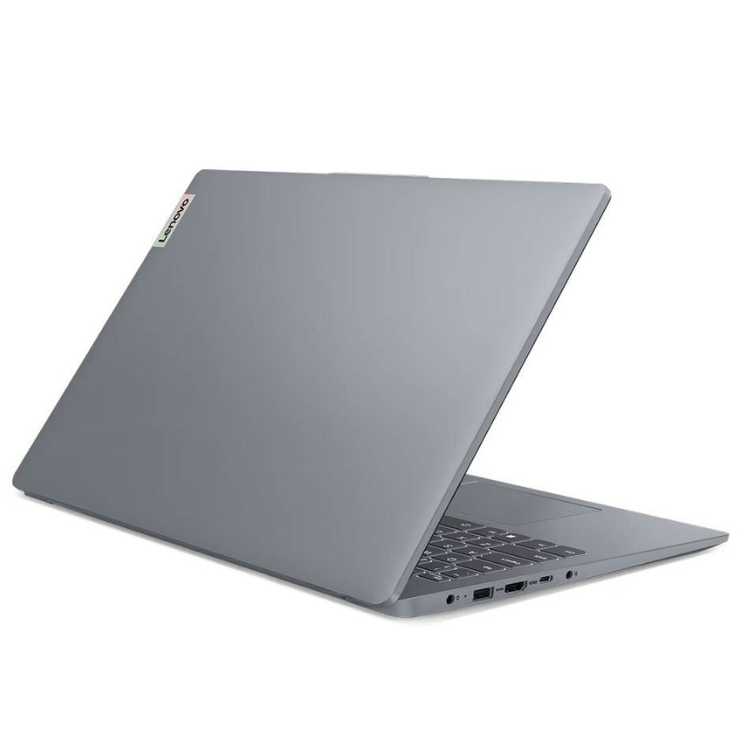 Lenovo IdeaPad Slim 3 laptop, gray, open, showing keyboard and ports.