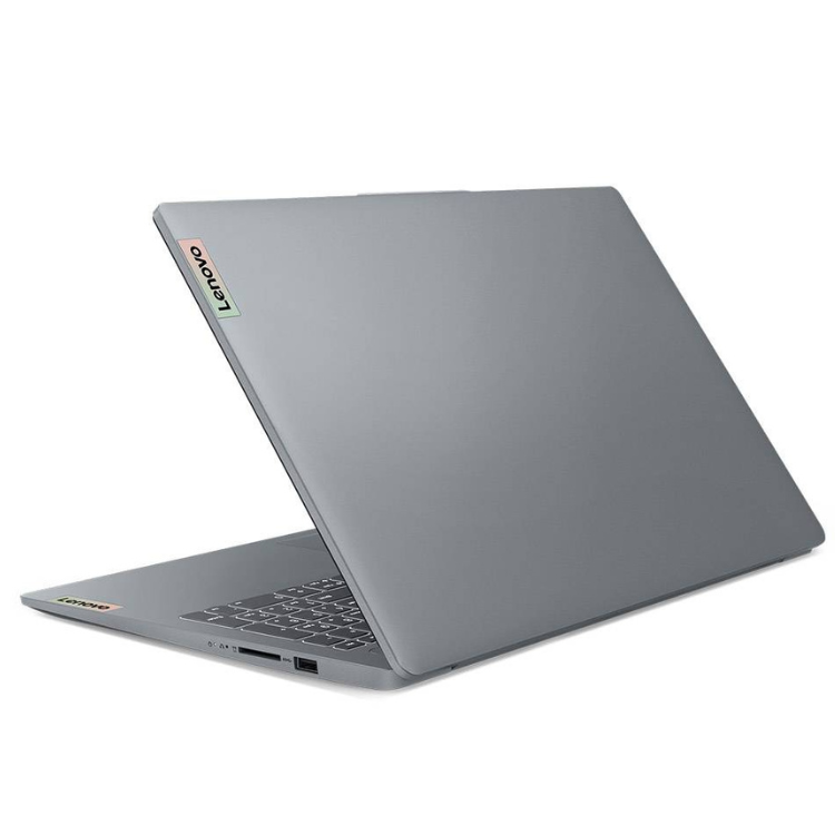 Lenovo IdeaPad Slim 3 laptop, gray, open, showing keyboard and ports.