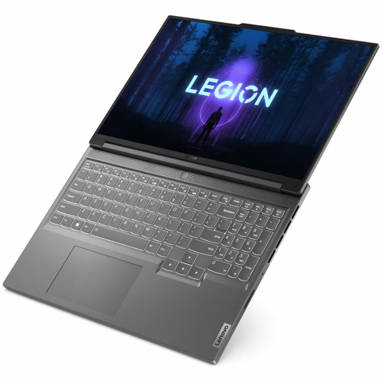 Lenovo Legion Slim laptop, 16" screen, dark grey, keyboard visible, "LEGION" on screen.