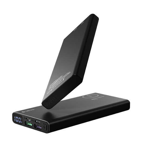 Powerbank DEVIA Extreme Speed Digital PD 10000mAh preto com ecrã digital e várias portas de carregamento.