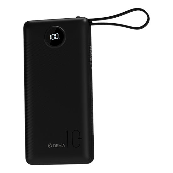 Powerbank Devia Extreme Speed 10000mAh 22.5W preta com ecrã digital e 4 cabos.