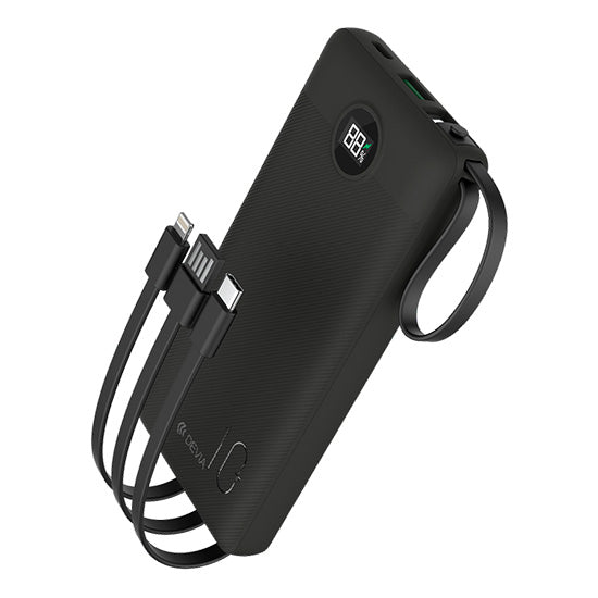 Powerbank Devia Extreme Speed 10000mAh 22.5W preta com 4 cabos incluídos.
