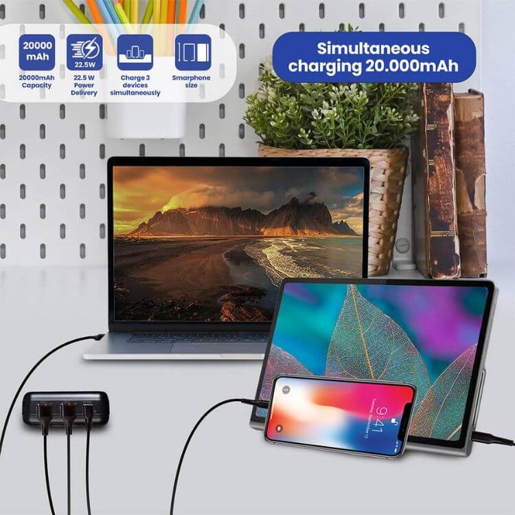 Powerbank Ewent EW1163 20000mAh 22.5W USB-C/USB-A/Micro Preto