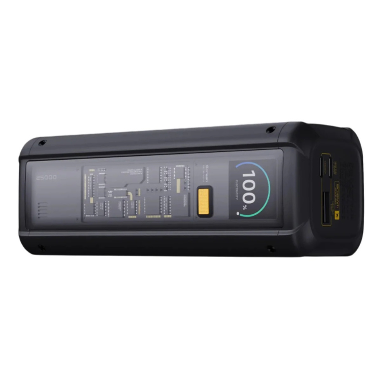 Powerbank Xiaomi 25000mAh 212W preto com ecrã a mostrar 100% de bateria.