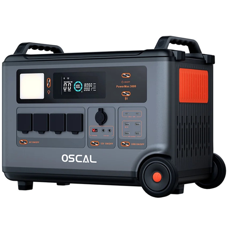 OSCAL PowerMax 3600 portable power station, gray and black with orange accents, digital display and various outlets.