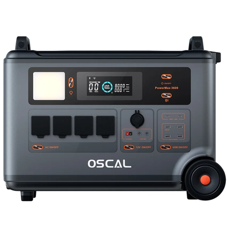 Oscal PowerMax 3600 portable power station, dark grey, with digital display and multiple outlets.