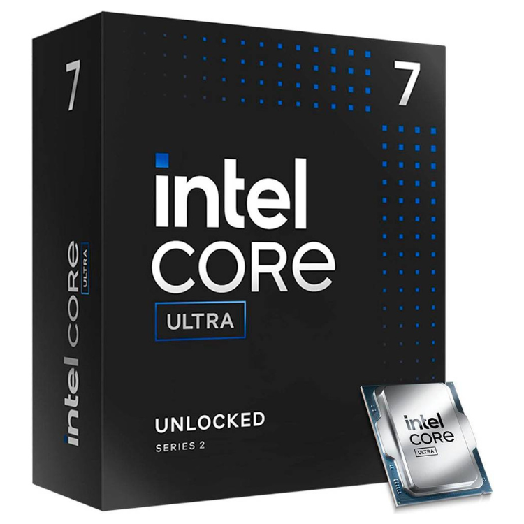 Intel Core Ultra 7 processor box and chip, black box with blue dots, white text.