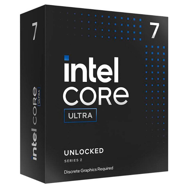Intel Core Ultra 7 processor box, black with white and blue text, Series 2, unclocked.
