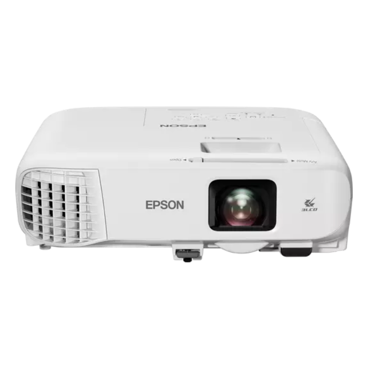 Projetor Epson EB-X49 branco 3LCD com lente e grelha de ventilação.