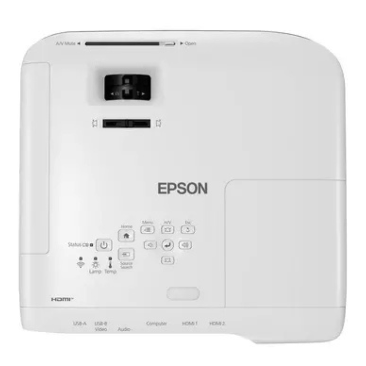 Projetor Epson EB-X49 branco com painel de controlo e logotipo da marca, preparado para apresentações profissionais e educativas.