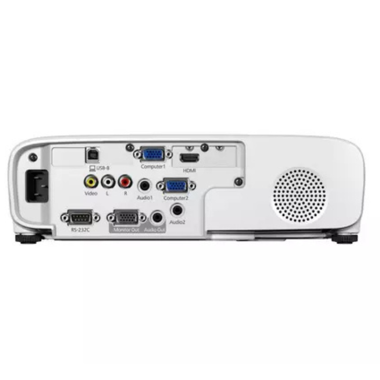 Projetor Epson EB-X49 branco com várias portas de conexão na parte traseira.