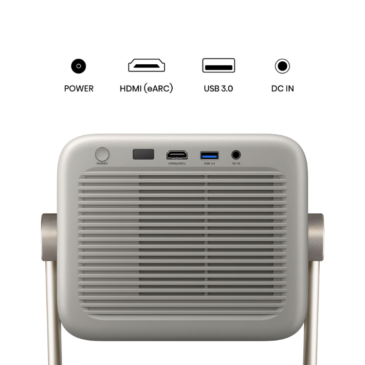 Projetor laser Hisense M2 Pro cinzento, vista frontal com detalhes de entradas.