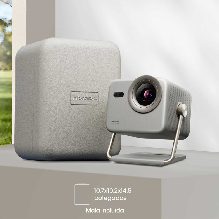 Projetor laser Hisense M2 Pro cinzento com mala incluída.