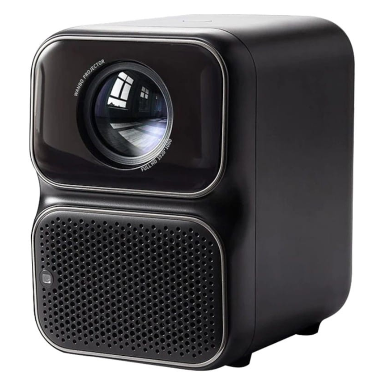 Projetor Wanbo TT preto, com resolução FHD e 650 Lumens, com grelha de ventilação e lente na parte frontal.