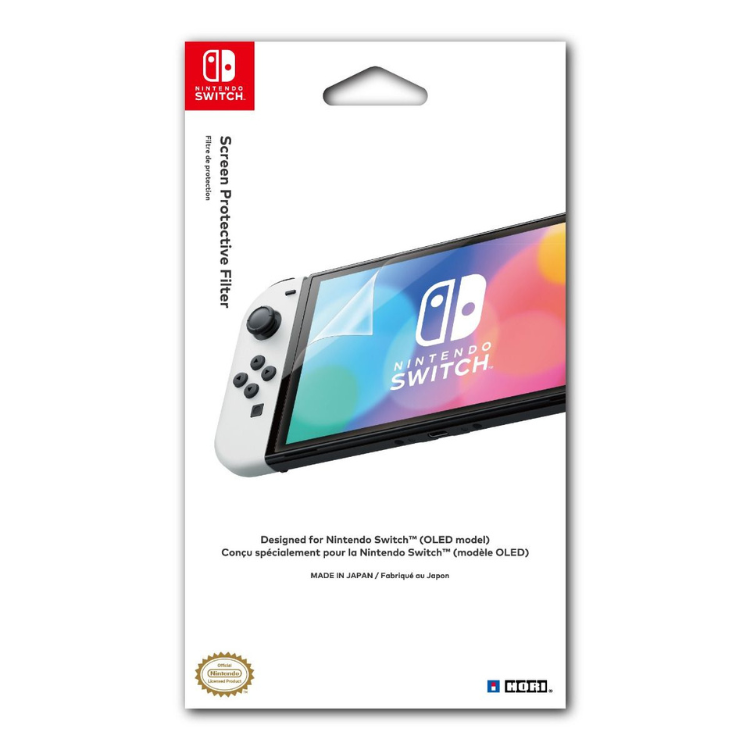 HORI screen protector for Nintendo Switch OLED, white packaging with colorful screen image.