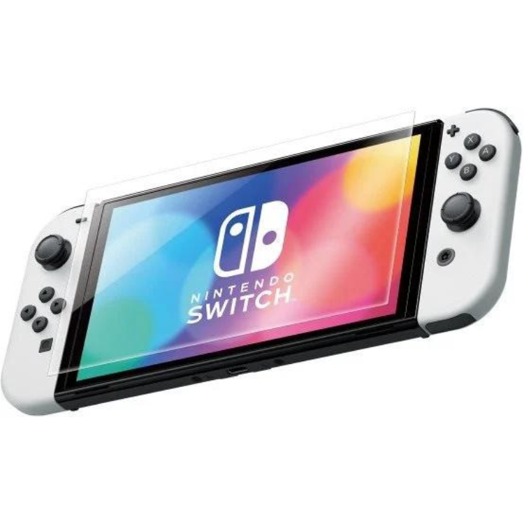 HORI screen protector on white Nintendo Switch OLED with colorful display.