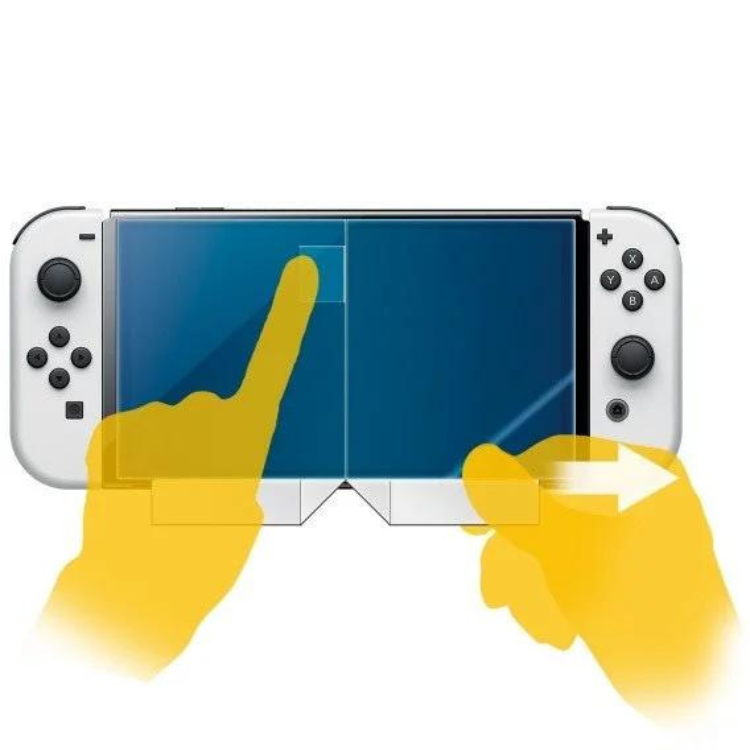 HORI Nintendo Switch OLED screen protector, white console with blue screen, hands applying film.