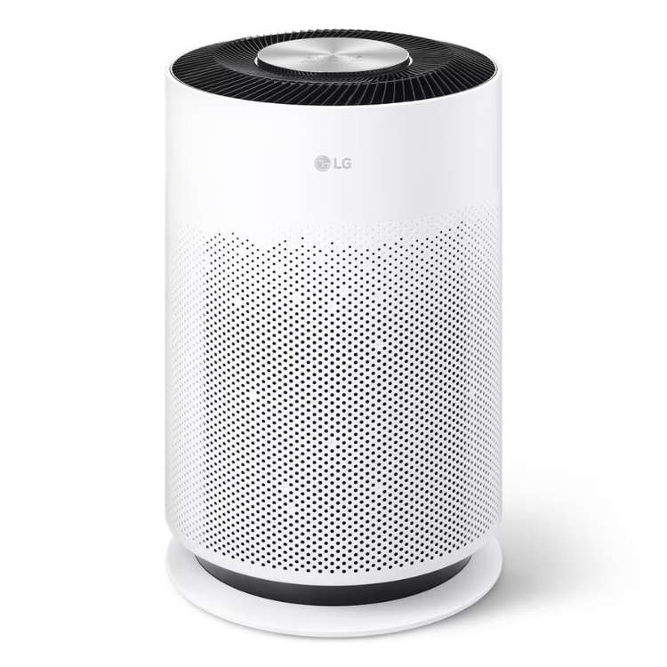 Purificador de ar LG PuriCare 360 Hit branco com design cilíndrico e grelha perfurada.