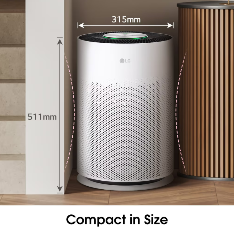 Purificador de ar LG PuriCare 360 branco, dimensões 315mm x 511mm.