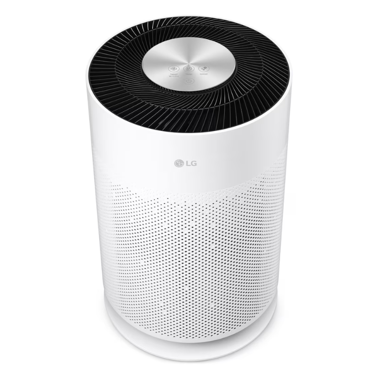 Purificador de ar LG PuriCare 360 Hit branco com painel de controlo prateado.