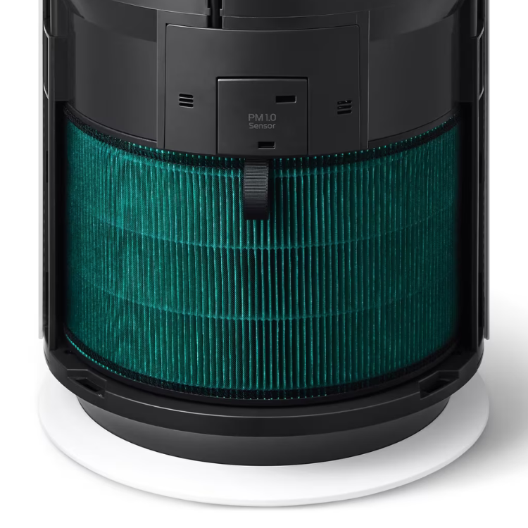 Purificador de Ar LG PuriCare 360, filtro verde, parte inferior, preto, base branca.