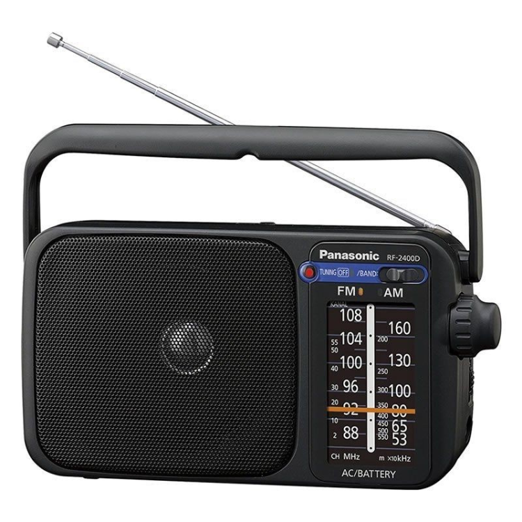 Black Panasonic portable radio with silver antenna, FM/AM dial and speaker grille.