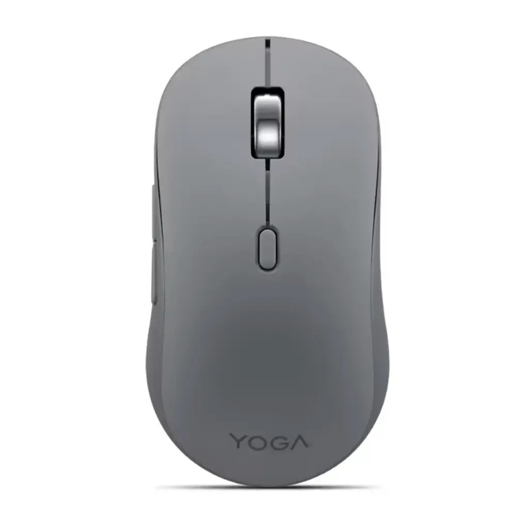 Lenovo YOGA wireless mouse, grey, sleek design with scroll wheel and buttons.