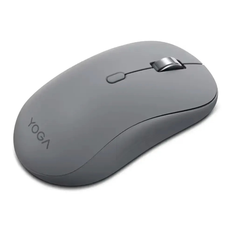 Lenovo YOGA wireless mouse, grey, oval shape, single button, scroll wheel.