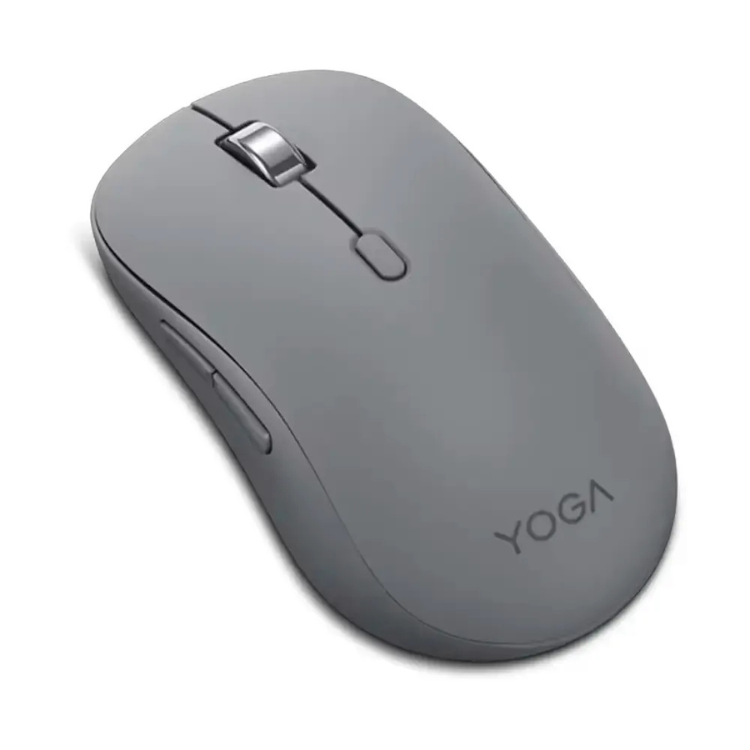 Lenovo YOGA wireless mouse, grey, sleek design with scroll wheel and side buttons.