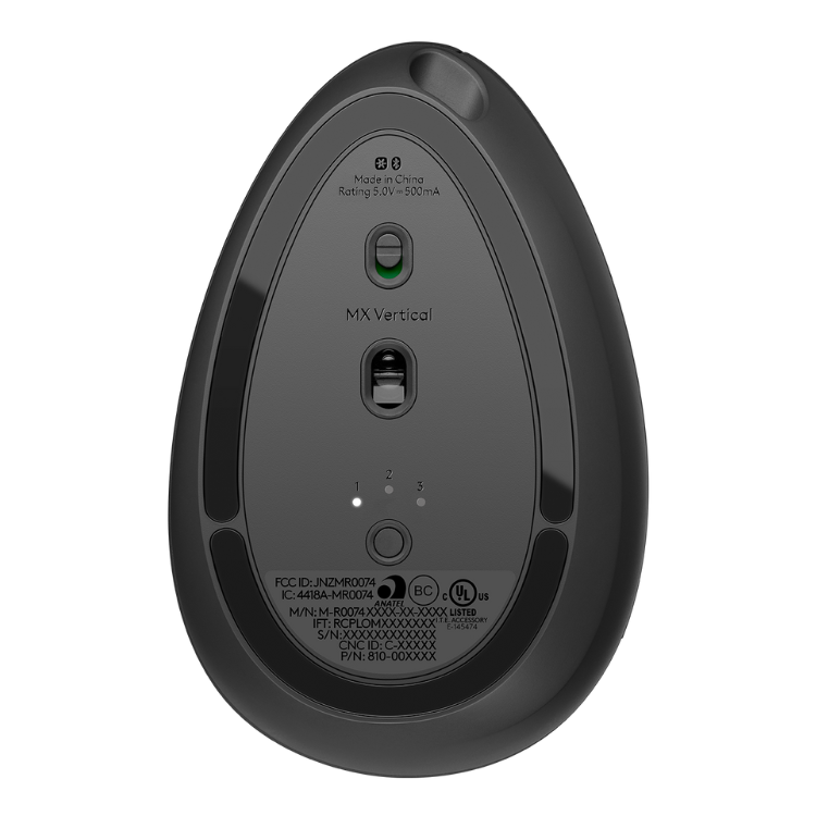Logitech MX Vertical Advanced mouse, black, underside view with buttons and product information.