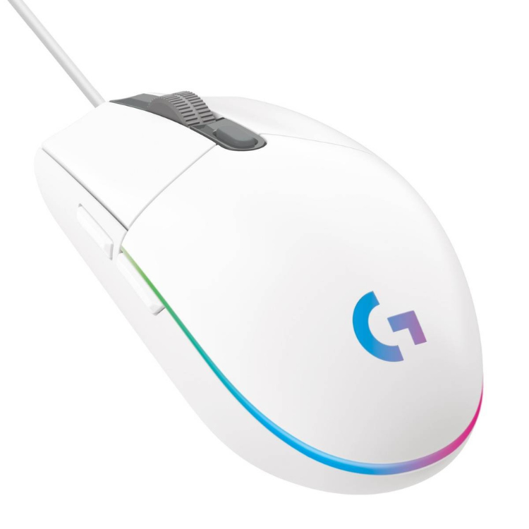 Logitech G203 Lightspeed RGB white gaming mouse with 8000 DPI, colorful logo and accents.