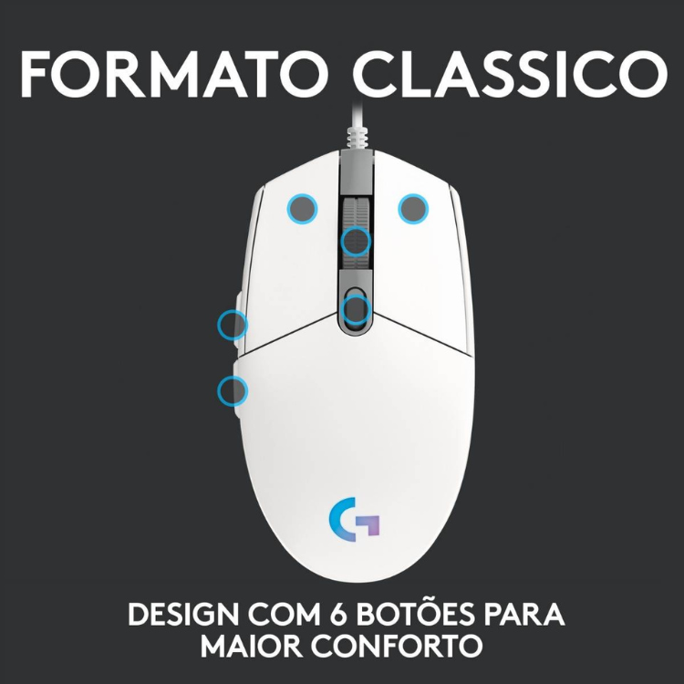Logitech G203 Lightspeed RGB white gaming mouse with 6 buttons.