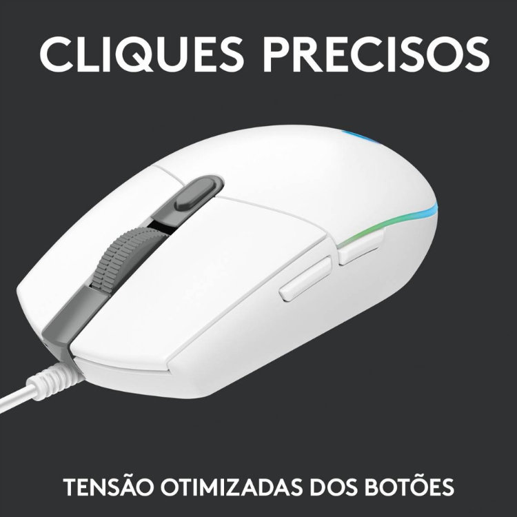 Logitech G203 Lightspeed RGB white gaming mouse, 8000 DPI, colorful accents.