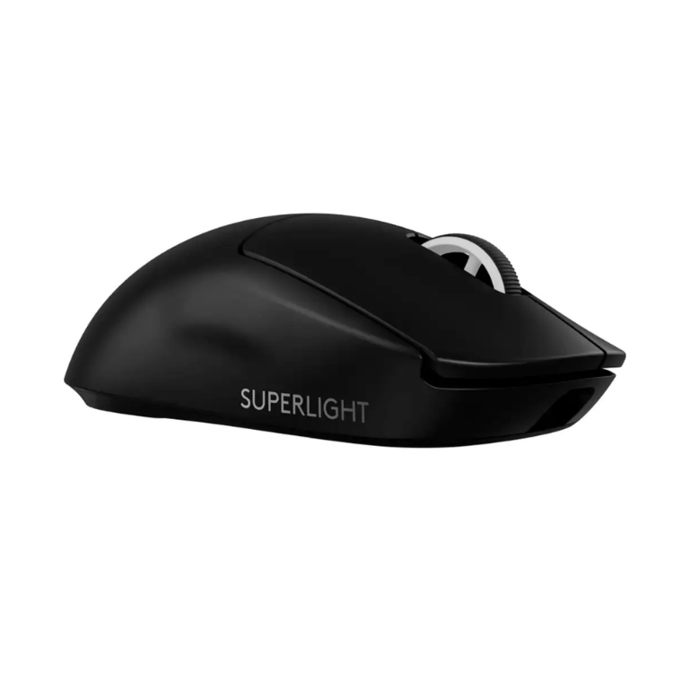 Black Logitech G Superlight wireless gaming mouse, matte finish, "SUPERLIGHT" text on side.
