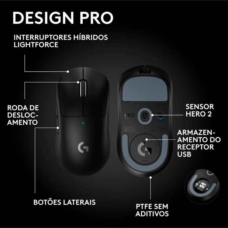 Black Logitech G Superlight 2 SE wireless gaming mouse, 44000 DPI, side and bottom views.